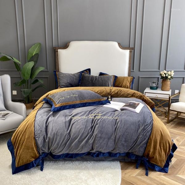gray and yellow splicing luxury bedding set velvet smooth duvet cover flat sheet pillowcases 4pcs for winter1