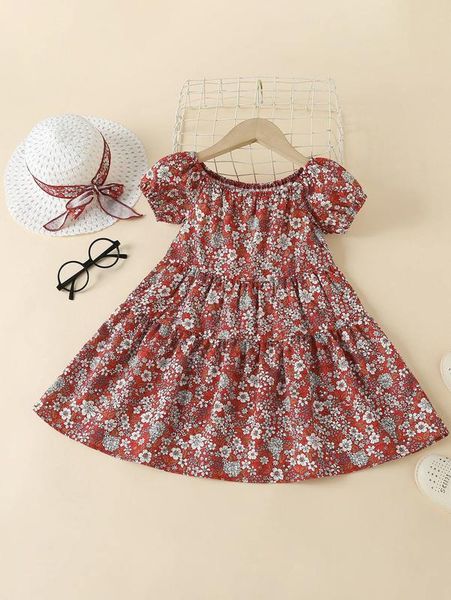 little girl's printed bubble sleeve ruffle dress with hat she, Red;yellow
little girl's printed bubble sleeve ruffle dress with hat she, Red;yellow