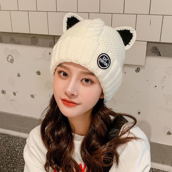 autumn and winter new double layer plus thick knitted hat female cute cartoon cat ear protection wool hat korean style, Blue;gray 
autumn and winter new double layer plus thick knitted hat female cute cartoon cat ear protection wool hat korean style, Blue;gray