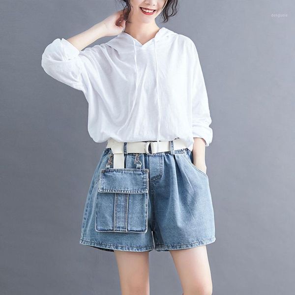 qpfjqd spring summer vintage elastic waist ladies casual washed short pants women pocket wide leg denim shorts 2020 new belt1, White;black
qpfjqd spring summer vintage elastic waist ladies casual washed short pants women pocket wide leg denim shorts 2020 new belt1, White;black