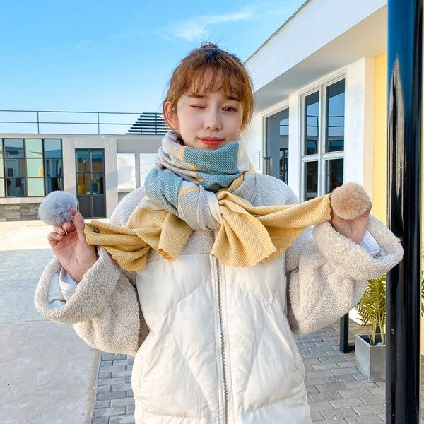 autumn and winter new cashmere scarf women's long splicing hanging fur ball joker scarf korean version of thickened shawl women, Blue;gray
autumn and winter new cashmere scarf women's long splicing hanging fur ball joker scarf korean version of thickened shawl women, Blue;gray