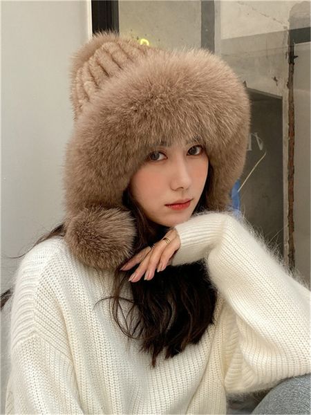 2021 womens elegant real genuine mink fur hat knitted beanie earmuffs w real fox fur ball cap, Blue;gray
2021 womens elegant real genuine mink fur hat knitted beanie earmuffs w real fox fur ball cap, Blue;gray