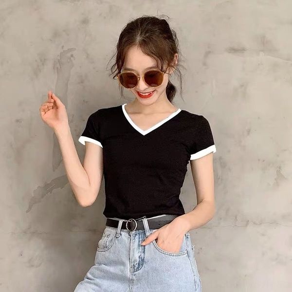 2020 cotton short sleeve coat t- women's summer slim and tight fit versatile t-shirt new color matching v-neck bottoming shirt r1blb, White
2020 cotton short sleeve coat t- women's summer slim and tight fit versatile t-shirt new color matching v-neck bottoming shirt r1blb, White