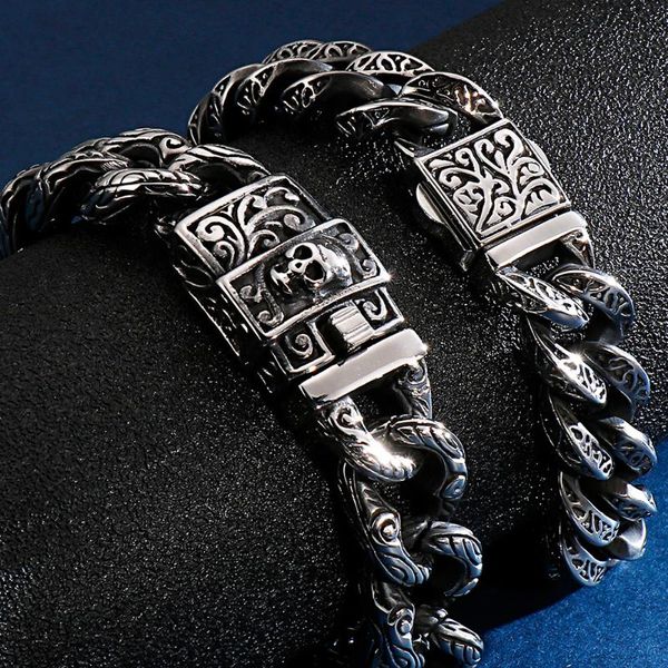 vintage flower pattern & bracelets stainless steel biker curb cuban chain bracelet for men heavy punk bangle jewelry, Black 
vintage flower pattern & bracelets stainless steel biker curb cuban chain bracelet for men heavy punk bangle jewelry, Black