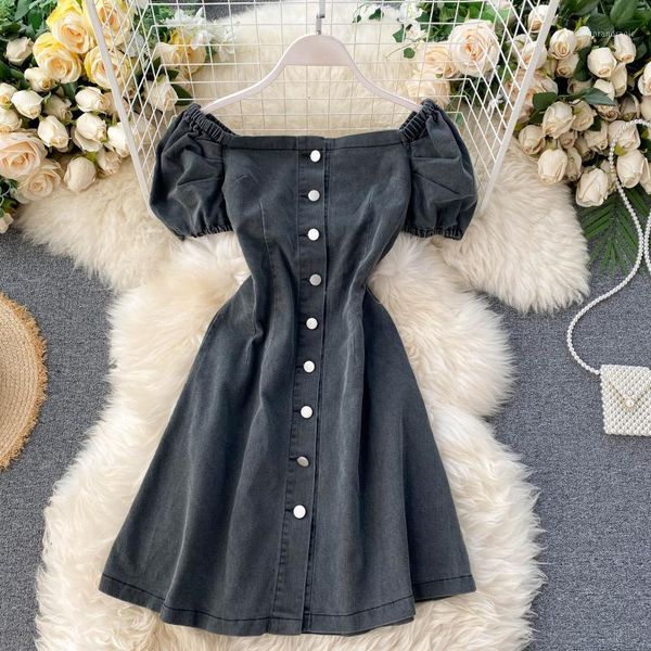 fmfssom summer spring slash neck denim buttons down single breasted a-line high waist black women female mini dress1, Black;gray
fmfssom summer spring slash neck denim buttons down single breasted a-line high waist black women female mini dress1, Black;gray