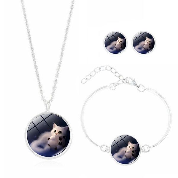 necklace earring and bracelet set with silver plated glass cabochon cat pattern jewelry set for women
necklace earring and bracelet set with silver plated glass cabochon cat pattern jewelry set for women