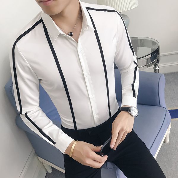 ribbon striped long sleeve slim 2019 new social club casual business party shirt men's brand top, White;black
ribbon striped long sleeve slim 2019 new social club casual business party shirt men's brand top, White;black