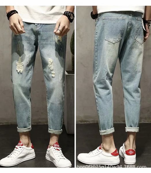 spring and autumn new youth jeans fashion brand straight leg capris men's jeans with holes, Blue
spring and autumn new youth jeans fashion brand straight leg capris men's jeans with holes, Blue