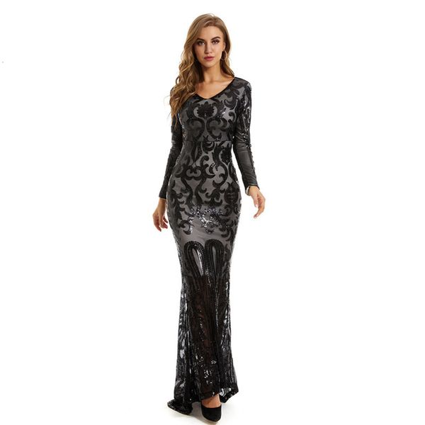 sleeve large 2020 v-neck celebrity banquet flower bright piece long dress, Black;gray
sleeve large 2020 v-neck celebrity banquet flower bright piece long dress, Black;gray