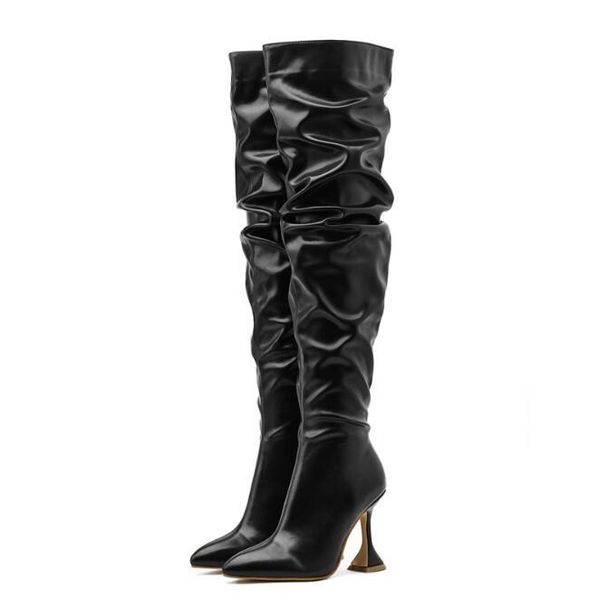 new design pleated leather over the knee boots fashion runway strange high heels pointed toe zip womans shoes, Black
new design pleated leather over the knee boots fashion runway strange high heels pointed toe zip womans shoes, Black