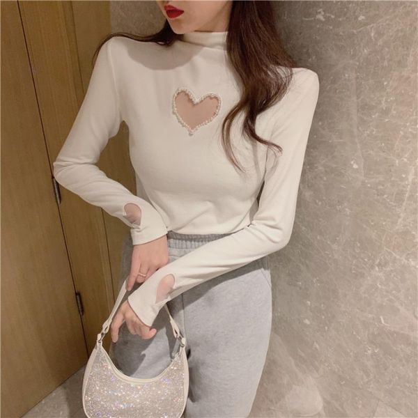 women's t-shirt pearl beaded mesh women t-shirts turtleneck solid long-sleeved elastic slim lady elegant pulls tees, White
women's t-shirt pearl beaded mesh women t-shirts turtleneck solid long-sleeved elastic slim lady elegant pulls tees, White