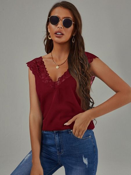 contrast lace v neck tank 56om#, White 
contrast lace v neck tank 56om#, White