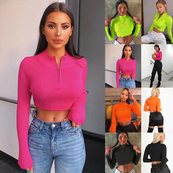 womens zipper cropped long sleeve knitted turtle neck solid color t shirt female slim, White
womens zipper cropped long sleeve knitted turtle neck solid color t shirt female slim, White