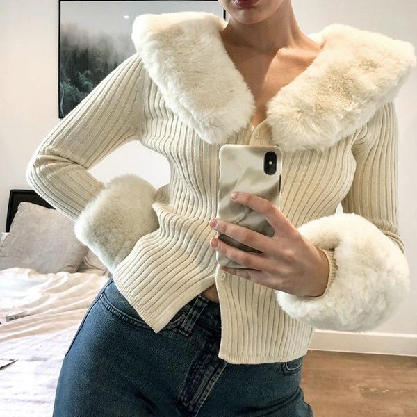 women's knits & tees autumn winter vintage sweater women fashion long-sleeved single breasted knited elegant furry collar cardigan, White
women's knits & tees autumn winter vintage sweater women fashion long-sleeved single breasted knited elegant furry collar cardigan, White