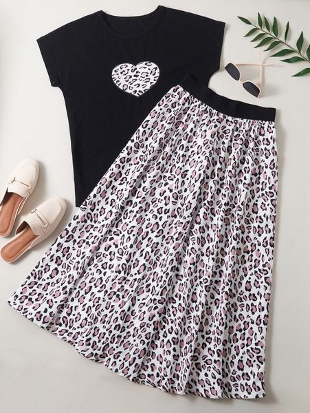 heart print batwing sleeve tee & leopard print skirt v1es#, White 
heart print batwing sleeve tee & leopard print skirt v1es#, White