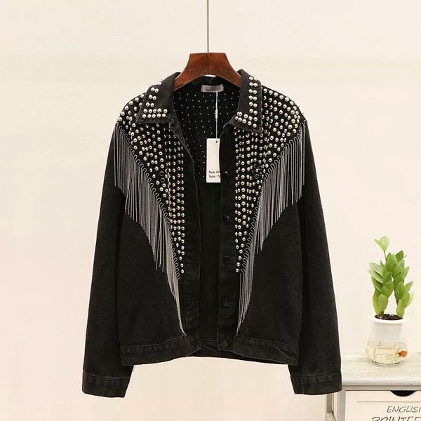 spring autumn runway denim jacket coat women fashion loose long sleeve diamonds rivet tassel chain short jean coat outerwear, Black;brown
spring autumn runway denim jacket coat women fashion loose long sleeve diamonds rivet tassel chain short jean coat outerwear, Black;brown