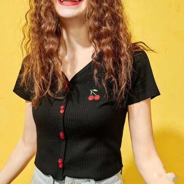 2020 summer new cute pullover style embroidered cherry contrast button short sleeve pullover short t-shirt woman 0quv7, White;black
2020 summer new cute pullover style embroidered cherry contrast button short sleeve pullover short t-shirt woman 0quv7, White;black