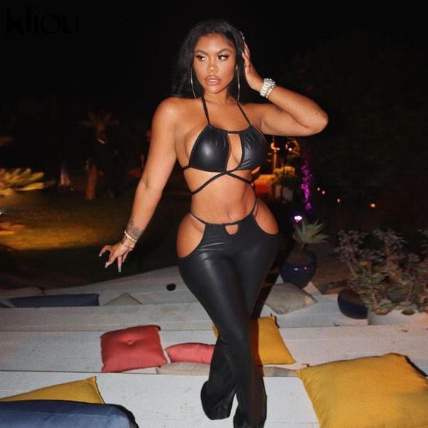 kliou lace up solid faux leather two piece set women halter bra+mid waist trouser party clubwear female matching outfits hot, Gray
kliou lace up solid faux leather two piece set women halter bra+mid waist trouser party clubwear female matching outfits hot, Gray