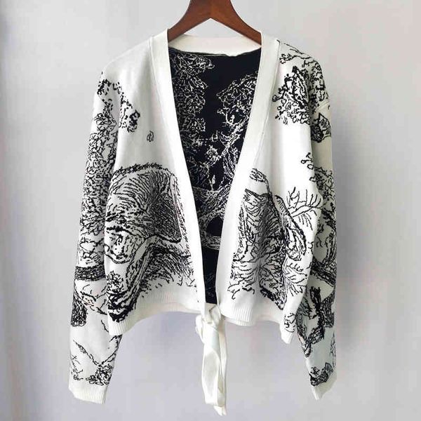 2022 factory wholesale new autumn jungle jacquard buttonless knitted cardigan for women, White;black
2022 factory wholesale new autumn jungle jacquard buttonless knitted cardigan for women, White;black