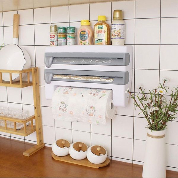 multifunction kitchen organizer wall-mounted tin foil storage rack preservative film dispenser sauce roll paper storage box
multifunction kitchen organizer wall-mounted tin foil storage rack preservative film dispenser sauce roll paper storage box
