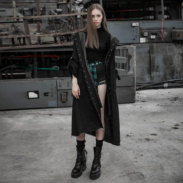 women's wool & blends punk rave dark burrs loose long coat with eyelet woolen sleeve hooded jacket, Black
women's wool & blends punk rave dark burrs loose long coat with eyelet woolen sleeve hooded jacket, Black