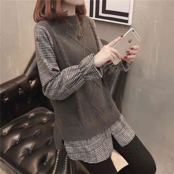 women sweater fake 2 pic spring autumn casual turn-down collar full computer knitted plaid sweaters for women keep warm, White;black
women sweater fake 2 pic spring autumn casual turn-down collar full computer knitted plaid sweaters for women keep warm, White;black