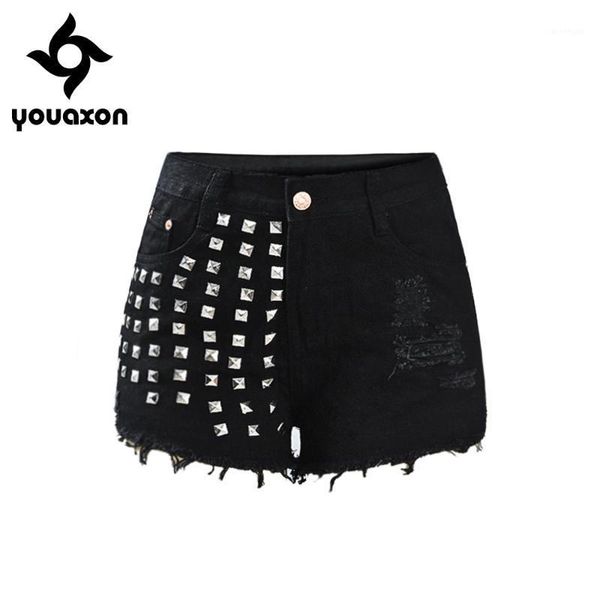 1995 youaxon black shorts with punk metal rivets studded women`s mid high waist ripped short denim pants for woman1, White;black
1995 youaxon black shorts with punk metal rivets studded women`s mid high waist ripped short denim pants for woman1, White;black