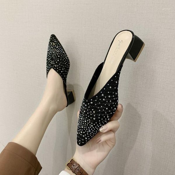 knit pointed toe mules shoes women shiny crystal half slippers summer breathable square heel closed toe slippers sandals 20201, Black 
knit pointed toe mules shoes women shiny crystal half slippers summer breathable square heel closed toe slippers sandals 20201, Black