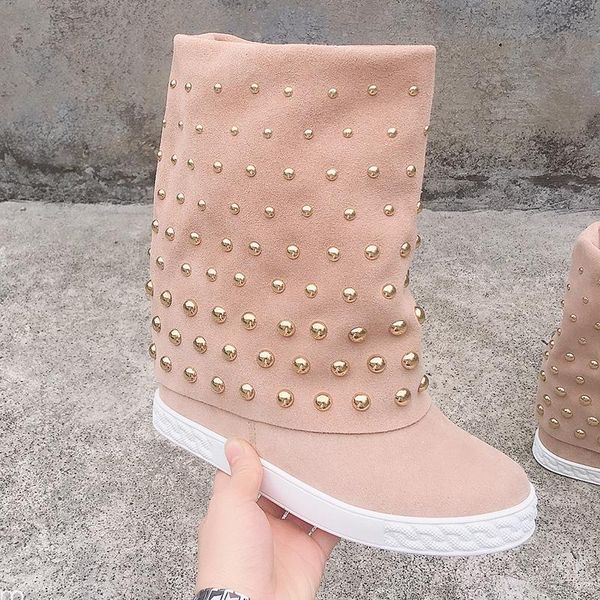 fashion gold beads button studs cow suede leather mid calf boots height increasing round toe woman shoe, Black
fashion gold beads button studs cow suede leather mid calf boots height increasing round toe woman shoe, Black