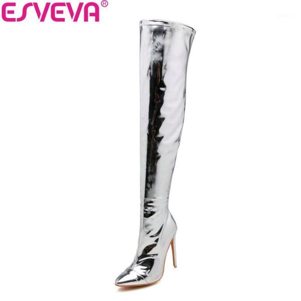 esveva 2020 women boots patent leather over the knee boots zipper winter shoes pointed toe thin high heel shoes woman size 34-431, Black 
esveva 2020 women boots patent leather over the knee boots zipper winter shoes pointed toe thin high heel shoes woman size 34-431, Black