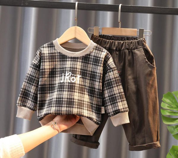 spring new plaid round neck two-piece kids clothing suit children's baby suit strap clothing sets 2021, White