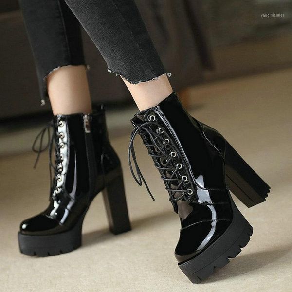 2020 new women ankle boots platform thick heel women short boots cross tied motorcycle patent pu leather zipr female shoes1, Black
2020 new women ankle boots platform thick heel women short boots cross tied motorcycle patent pu leather zipr female shoes1, Black