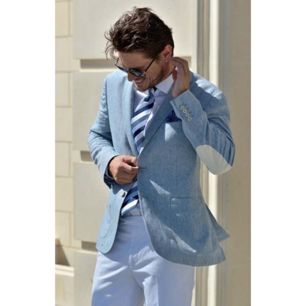 

latest blue linen jacket white pant groom tuxedo wedding mens suits 2 pieces elbow patched blazer groomsman men suit, White;black