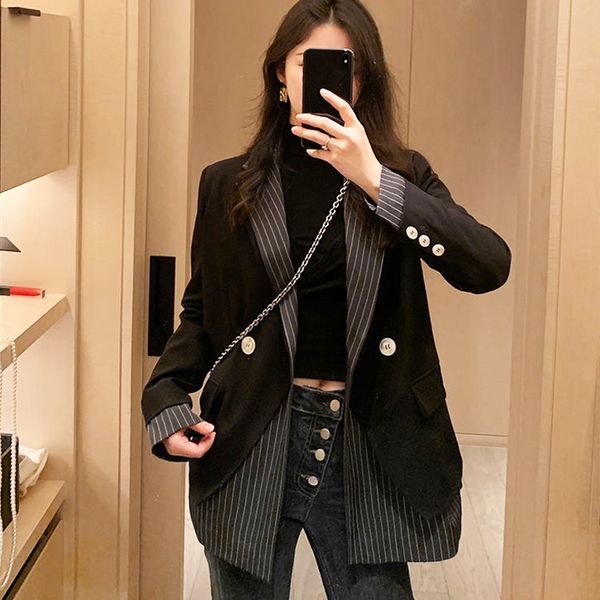 2021 new korean high street spliced suit jacket women black stitching designer double breasted business coat winter lady casual evl4, White;black
2021 new korean high street spliced suit jacket women black stitching designer double breasted business coat winter lady casual evl4, White;black