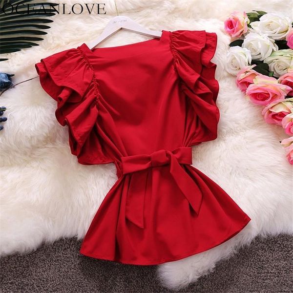 women's blouses & shirts oceanlove solid ruffles blusas mujer de moda 2021 bow lace up chiffon shirt o-neck korean women summer short, White
women's blouses & shirts oceanlove solid ruffles blusas mujer de moda 2021 bow lace up chiffon shirt o-neck korean women summer short, White