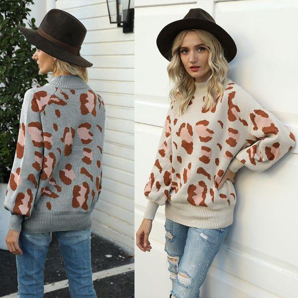 women lantern sleeve turtleneck knit sweater vintage leopard loose pullover, White;black
women lantern sleeve turtleneck knit sweater vintage leopard loose pullover, White;black