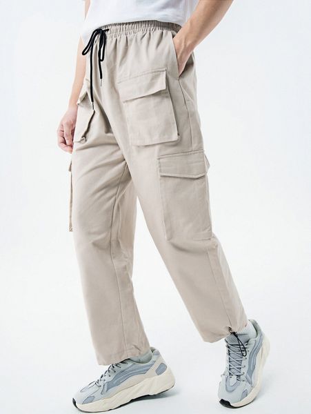 men flap pocket drawstring waist cargo pants o6bk#, Black