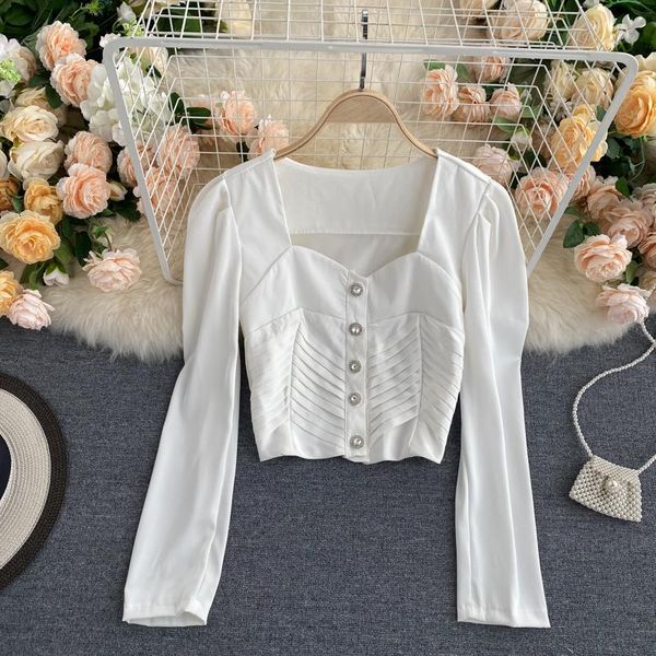 women's autumn new fashion shirt lady pleated slim short square neck vintage long sleeve solid color elegant blouse p962, White
women's autumn new fashion shirt lady pleated slim short square neck vintage long sleeve solid color elegant blouse p962, White