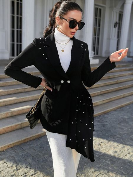 pearls beaded asymmetrical hem blazer z7bj#, White;black
pearls beaded asymmetrical hem blazer z7bj#, White;black