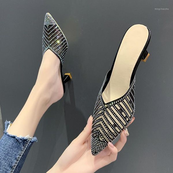 slippers high heel women breathable lace mules shoes summer shiny crystal pointed toe metal sandals 20211, Black
slippers high heel women breathable lace mules shoes summer shiny crystal pointed toe metal sandals 20211, Black