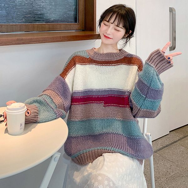 2021 New Round Turtleneck High-street Colored Stripe Sweater, Big Size Women's Sweater FEQ4, White;black 
2021 New Round Turtleneck High-street Colored Stripe Sweater, Big Size Women's Sweater FEQ4, White;black