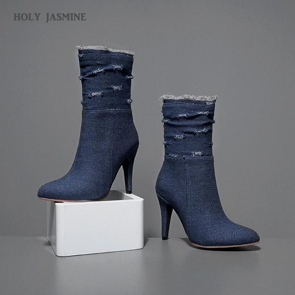 genuine spring/autumn new pointed toe denim boots women super high thin heels broken hole zipper girls boots rough shoes women, Black
genuine spring/autumn new pointed toe denim boots women super high thin heels broken hole zipper girls boots rough shoes women, Black