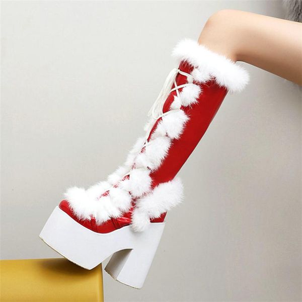 women lace up patent leather high heel knee high motorcycle boots female winter warm fur round toe thigh platform creepers, Black
women lace up patent leather high heel knee high motorcycle boots female winter warm fur round toe thigh platform creepers, Black