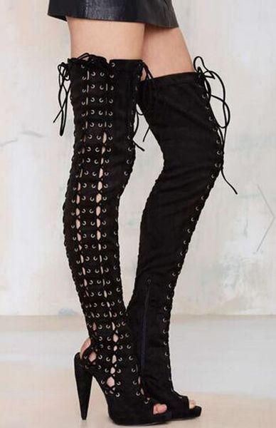 2020 fashion trade women's open toe suede leather on knee spike heel cut-up lace long high heels boots u4hp, Black
2020 fashion trade women's open toe suede leather on knee spike heel cut-up lace long high heels boots u4hp, Black