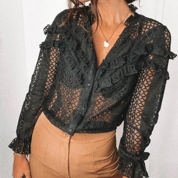women casual hollow out blouse shirt autumn spring clothes long sleeve single breasted loose ruffles see-through blusa1, White
women casual hollow out blouse shirt autumn spring clothes long sleeve single breasted loose ruffles see-through blusa1, White