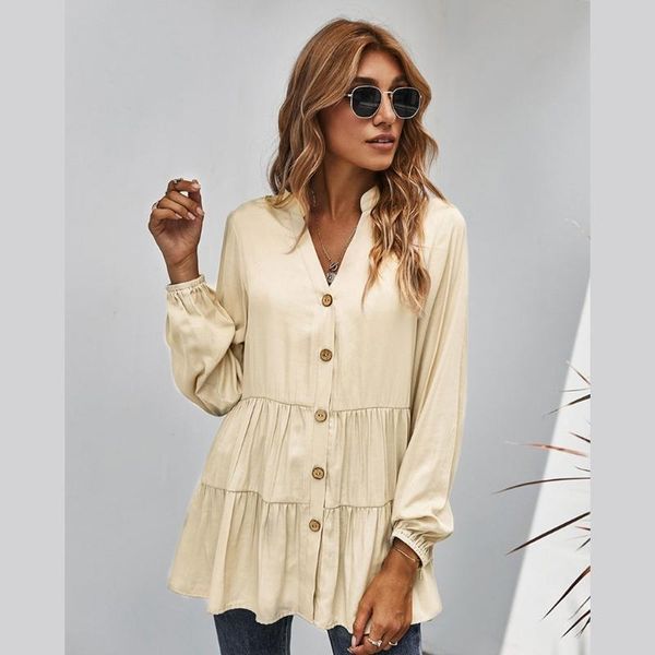 women autumn puff long sleeve shirts v-neck button down loose tunic solid color ruffles flowy casual blouse streetwear, White
women autumn puff long sleeve shirts v-neck button down loose tunic solid color ruffles flowy casual blouse streetwear, White