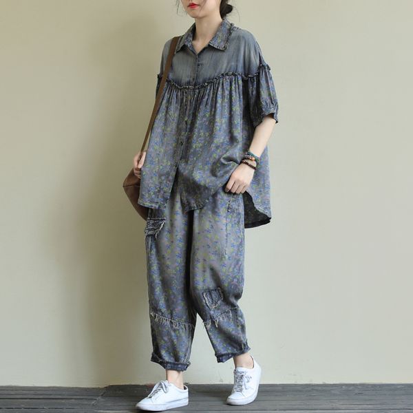 2020 female new summer plus size literary stitching wood ear print lining + nine points harem pants casual set t200702, White
2020 female new summer plus size literary stitching wood ear print lining + nine points harem pants casual set t200702, White