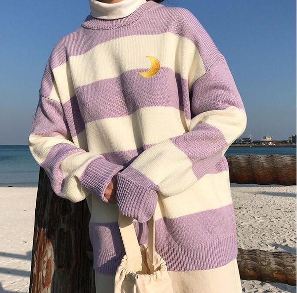 korean winter new college style candy stripes moon knit sweater lj201114, White;black
korean winter new college style candy stripes moon knit sweater lj201114, White;black