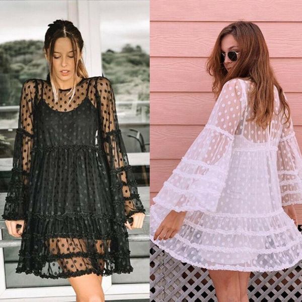 women boho beach dot bikini cover up dress swing mini summer holiday sundress, White;black
women boho beach dot bikini cover up dress swing mini summer holiday sundress, White;black