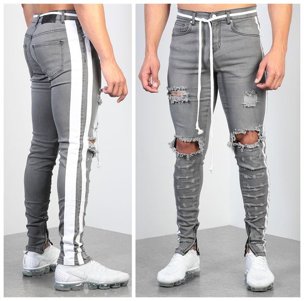 men's side stripe ny jeans ripped knee holes slim fit denim pencil pants destroyed frayed man gray trousers fashion design, Blue
men's side stripe ny jeans ripped knee holes slim fit denim pencil pants destroyed frayed man gray trousers fashion design, Blue
